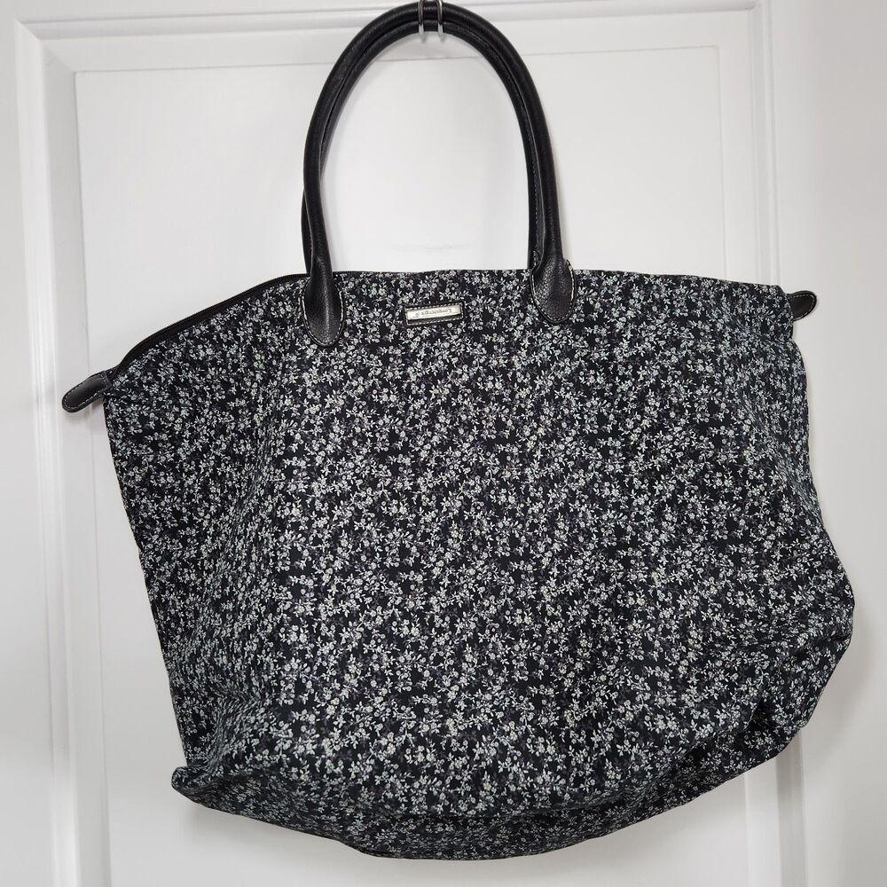Longaberger Homestead Tote Bag Large Shoulder Purse Floral Canvas Black Grey Zip